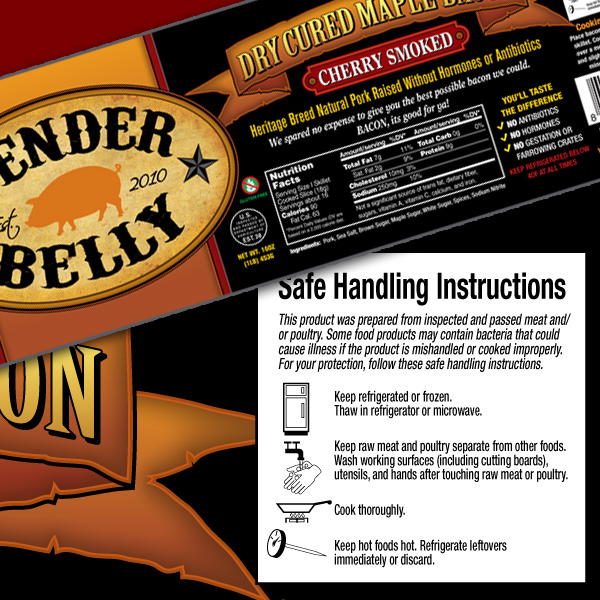 Tender Belly Bacon Safe Handling Instructions Label Design