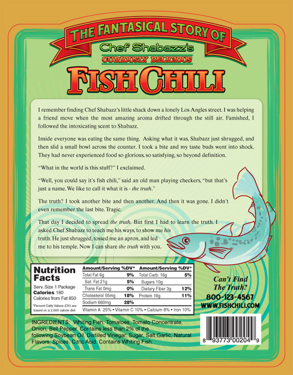 Version One Back Label of Chef Shabazz's Fish Chili