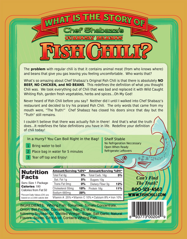 Version One Updated Back Label of Chef Shabazz's Fish Chili