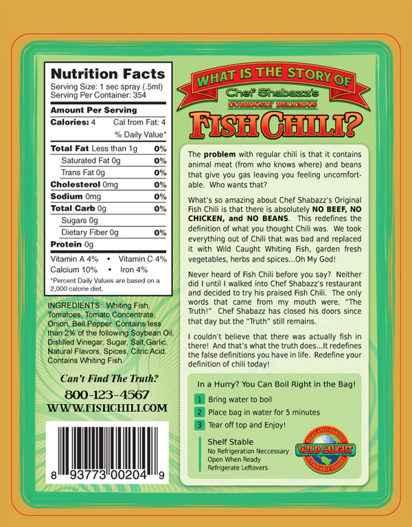 Version Two Back Label of Chef Shabazz's Fish Chili Vertical Nutritional Panel