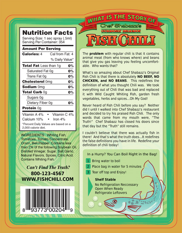 Version two Back Label of Chef Shabazz's Fish Chili Vertical Nutrionals 